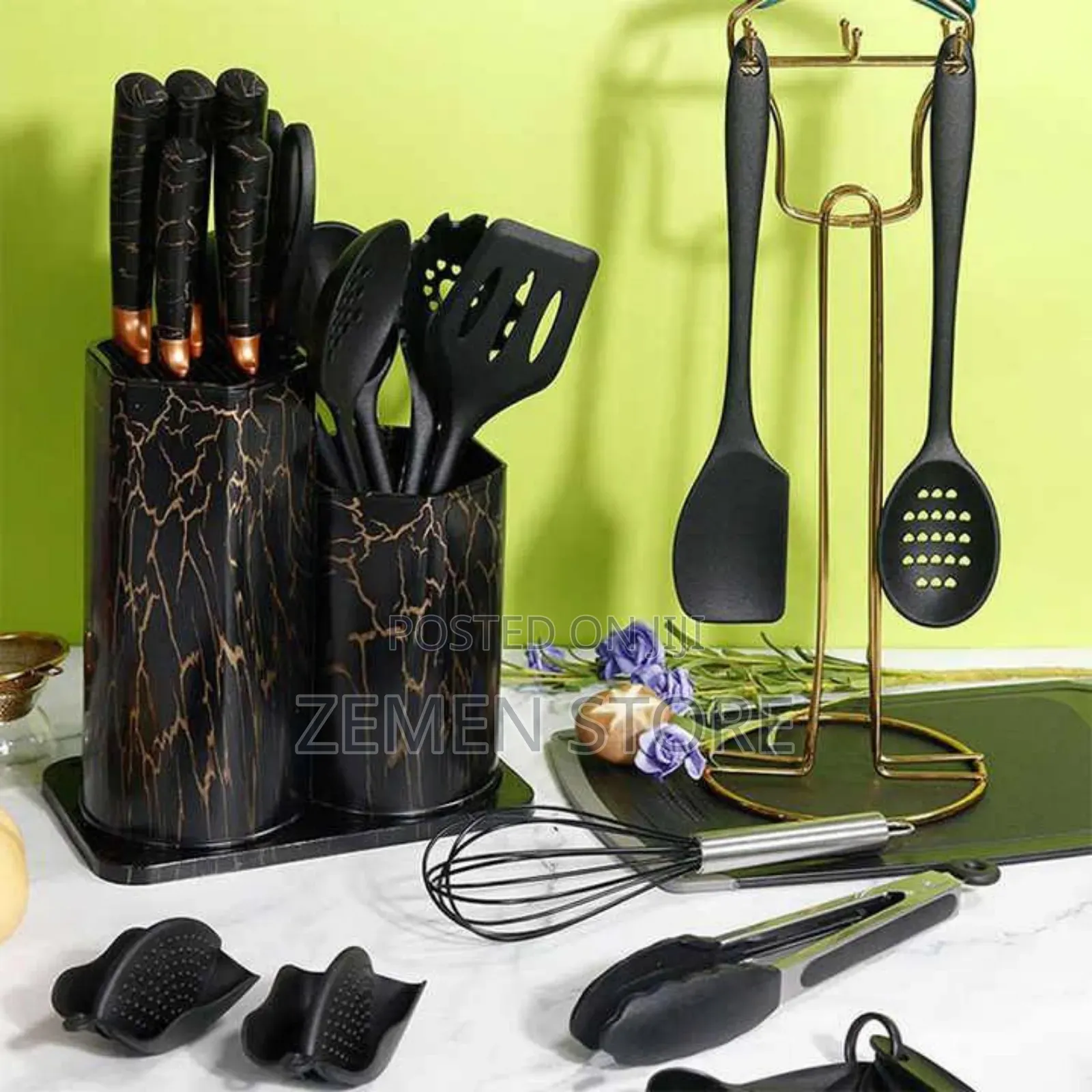 Elegant Black Marble Kitchen Utensil Knife Set With Stand