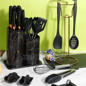 Elegant Black Marble Kitchen Utensil Knife Set With Stand