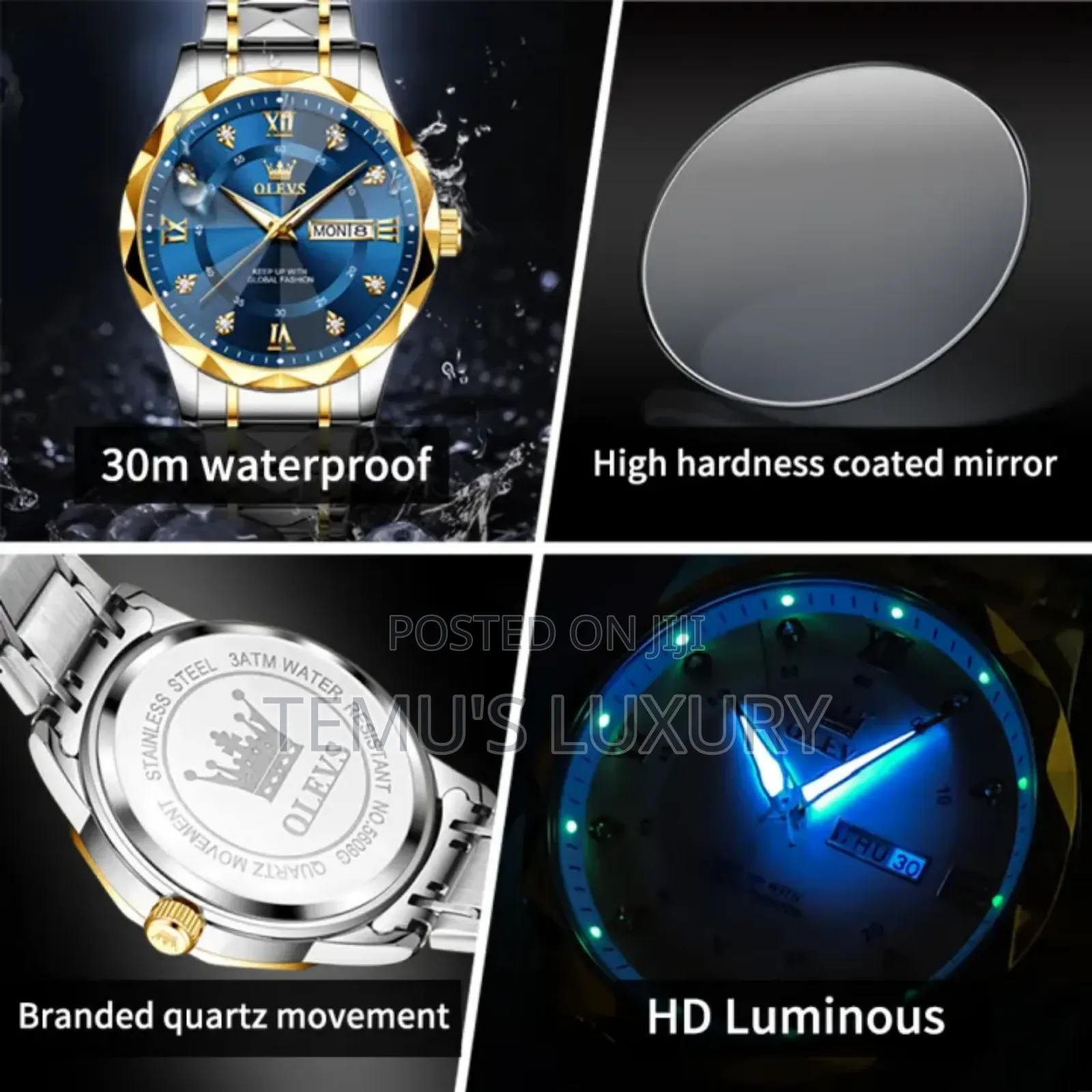 Olevs Men's Classic Diamond Stainless Steel Waterproof Luminous Watch