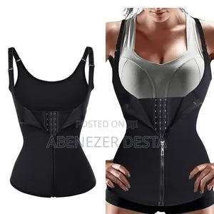 Black Neoprene Waist Trainer Vest With A Zipper Closure.
