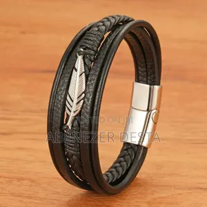 Genuine Leather Multi-Strand Bracelet With a Silver Stainless Steel