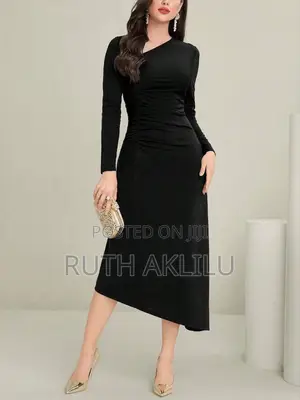 Elegant Asymmetric Neck Ruched Dress