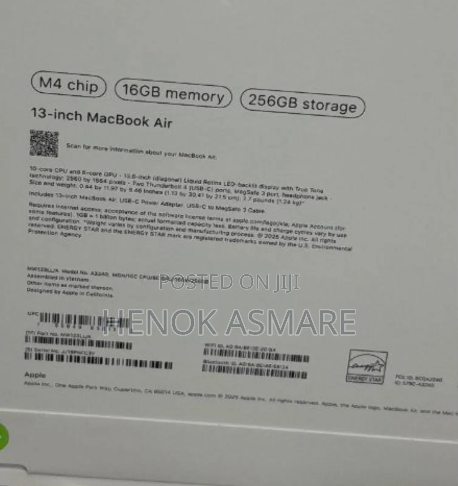 New Laptop Apple MacBook Air 16GB Apple M4 SSD 256GB