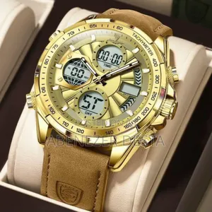 Gold-Toned Poedagar E108 Men's Watch With a Brown Leather Strap.