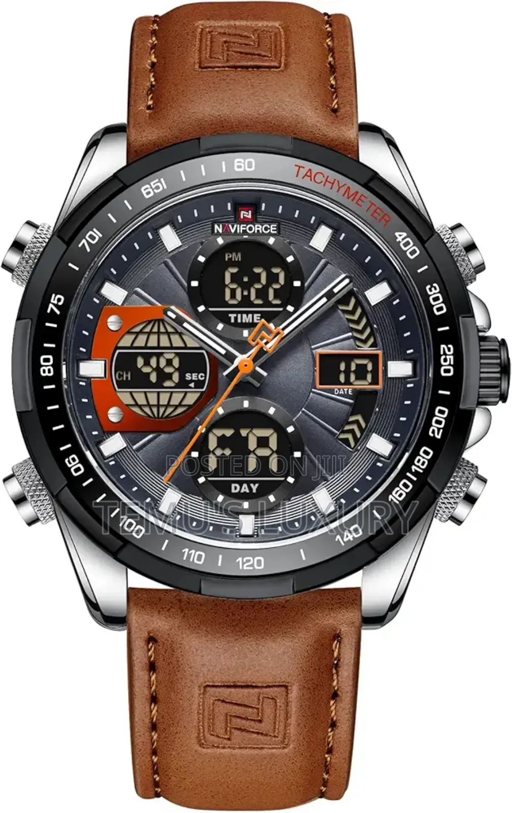 Naviforce 9197l Dual Display Waterproof Quartz Genuine Leather Watch