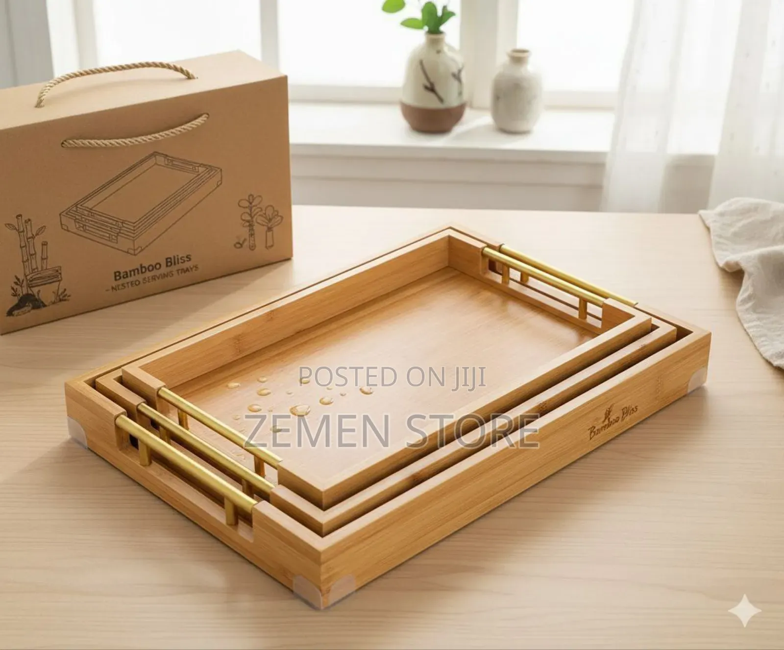 3-Piece Luxury Natural Bamboo Serving Tray Set With Gold Handles