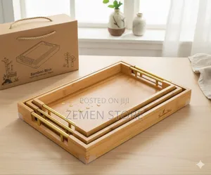 3-Piece Luxury Natural Bamboo Serving Tray Set With Gold Handles