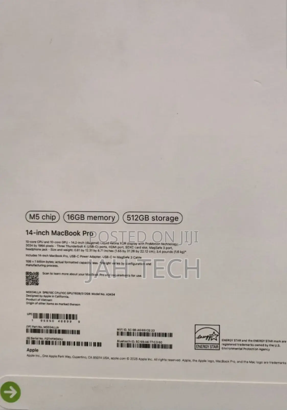 New Laptop Apple Macbook Pro 2025 M5 14-Inch 16GB Apple M5 SSD 512GB