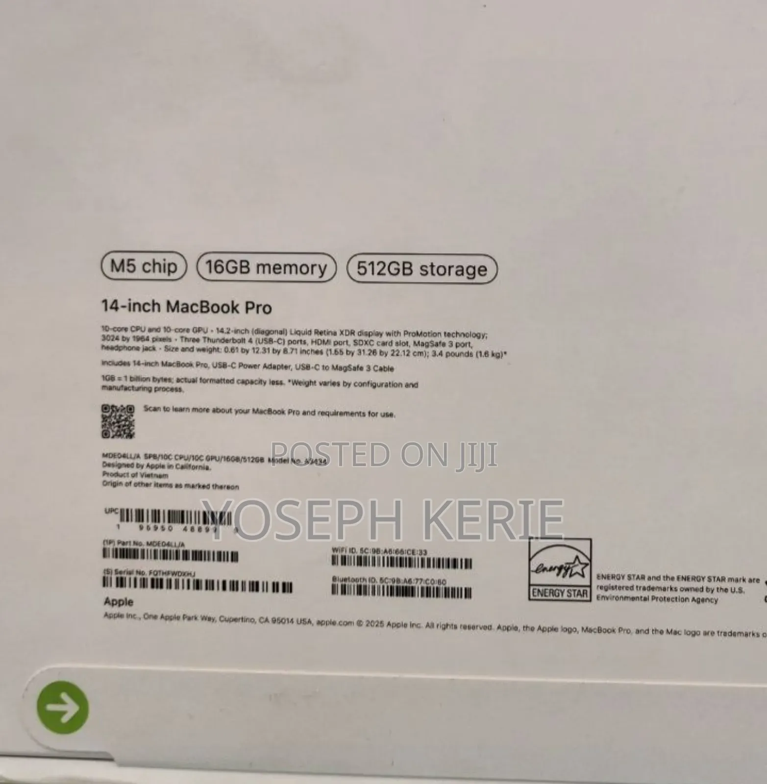 New Laptop Apple Macbook Pro 2025 M5 14-Inch 16GB Apple M5 SSD 512GB