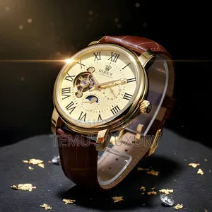 Rolex Luxury Men’S Gold Leather Automatic Watch - Brand New