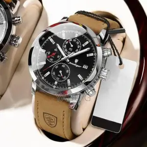 Poedagar Men's Chronograph Watch With a Silver Case and Leather Strap