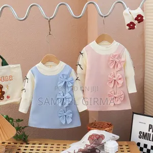 Mk- 0707 Girls Bow Decor Long-Sleeve Dress Size: 1 - 4 Years