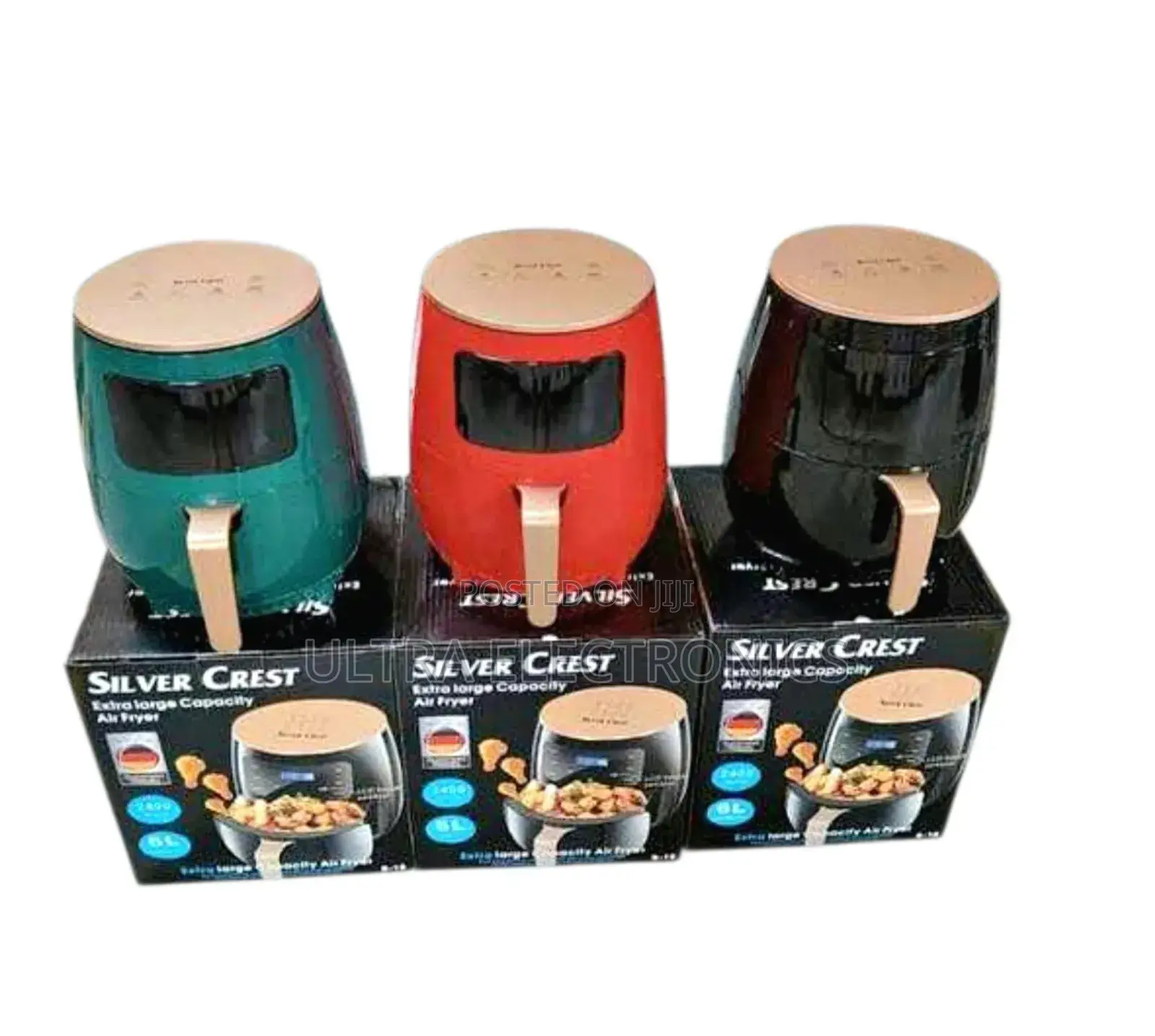 Silver Crest 6l Digital Air Fryers in Green, Red, and Black.
