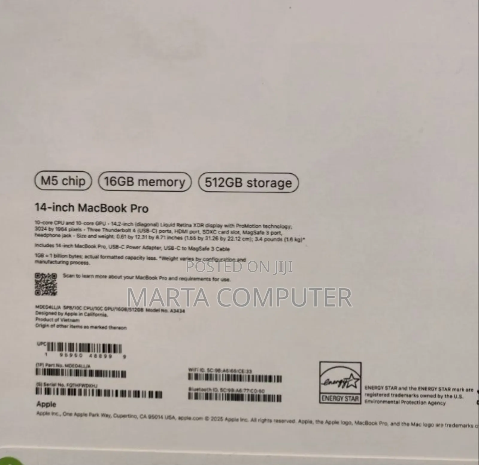 New Laptop Apple MacBook Pro 16GB Apple M5 SSD 512GB