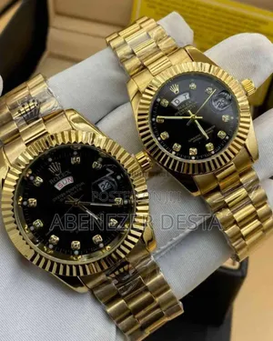 Gold-Tone Rolex-Style Day-Date Watches With Black Dials Diamond Hour