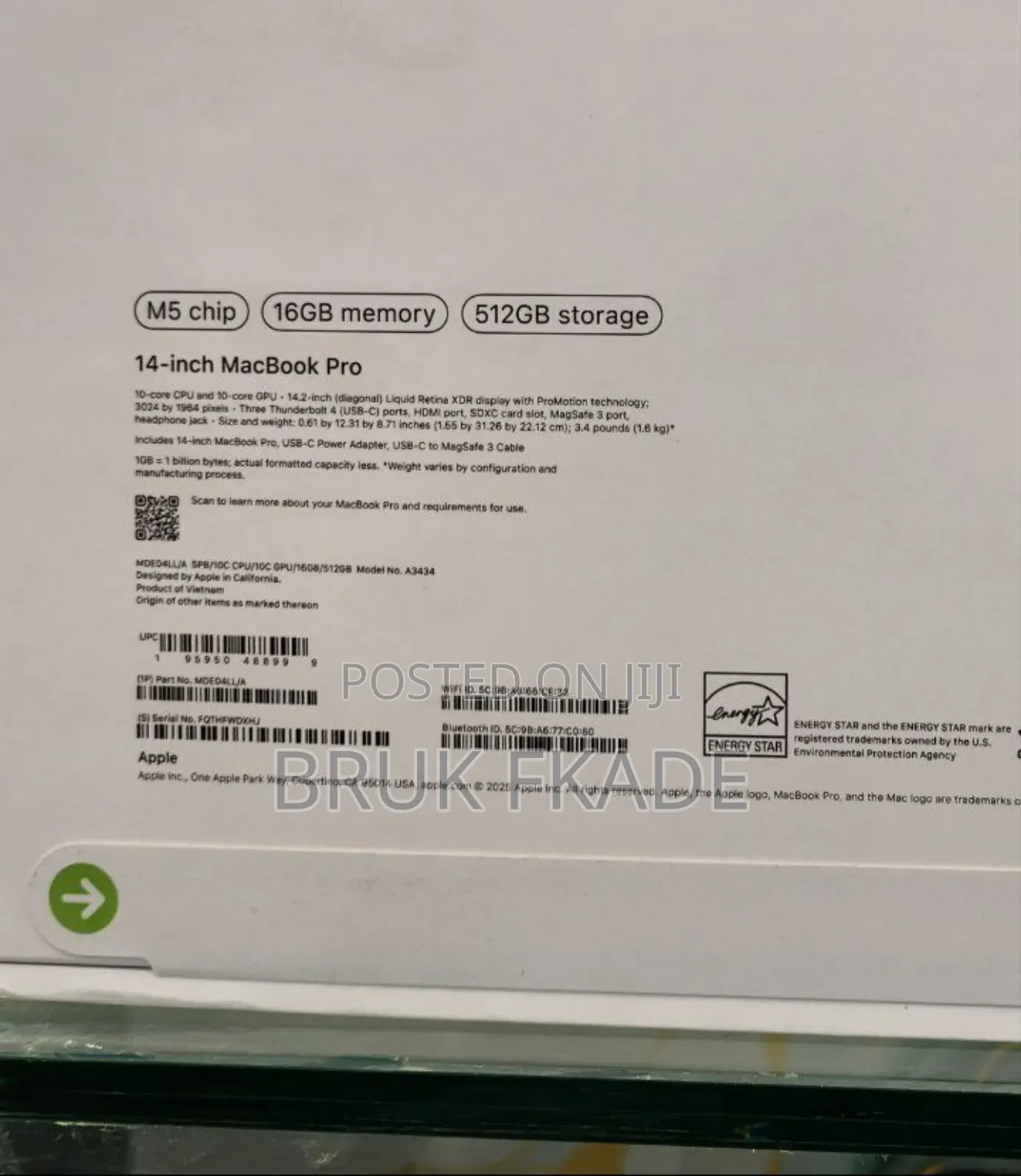 New Laptop Apple MacBook Pro 2025 M5 14-inch 16GB Apple M5 SSD 512GB