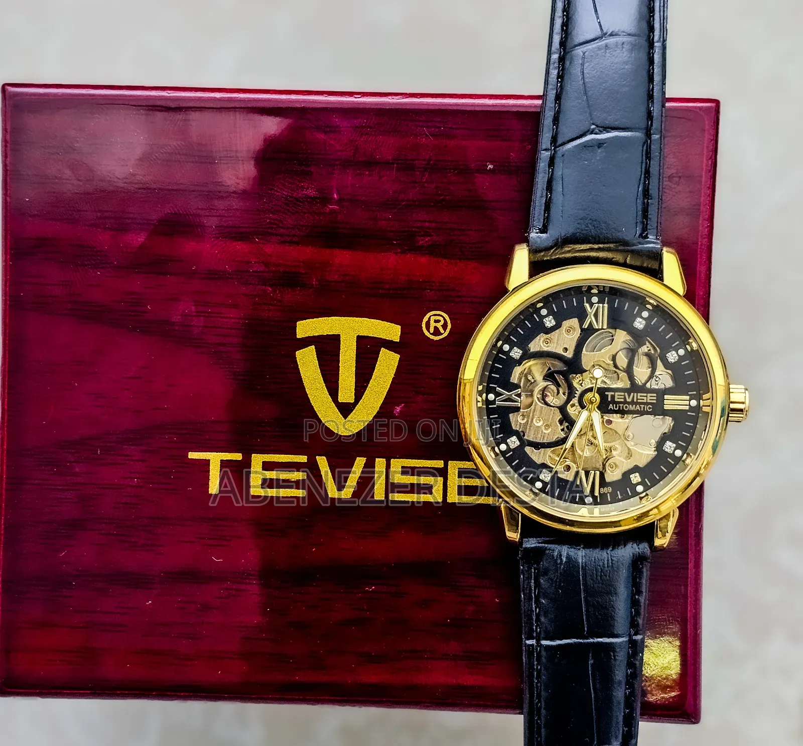 Tevise T869 Automatic Mechanical Skeleton Watch. Black Leather