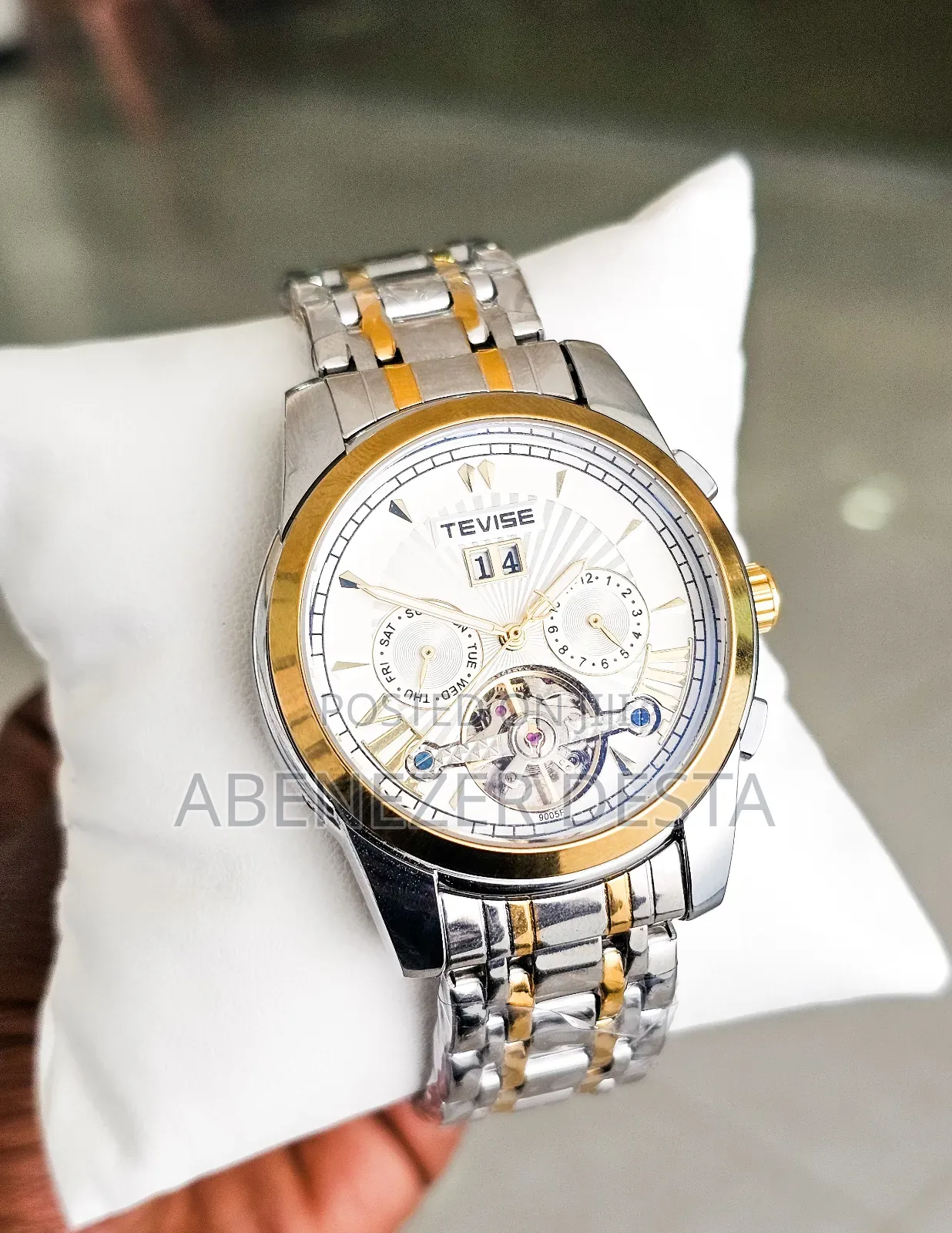Tevise Automatic Mechanical Skeleton Luxury Watch in a Two-Tone Silver