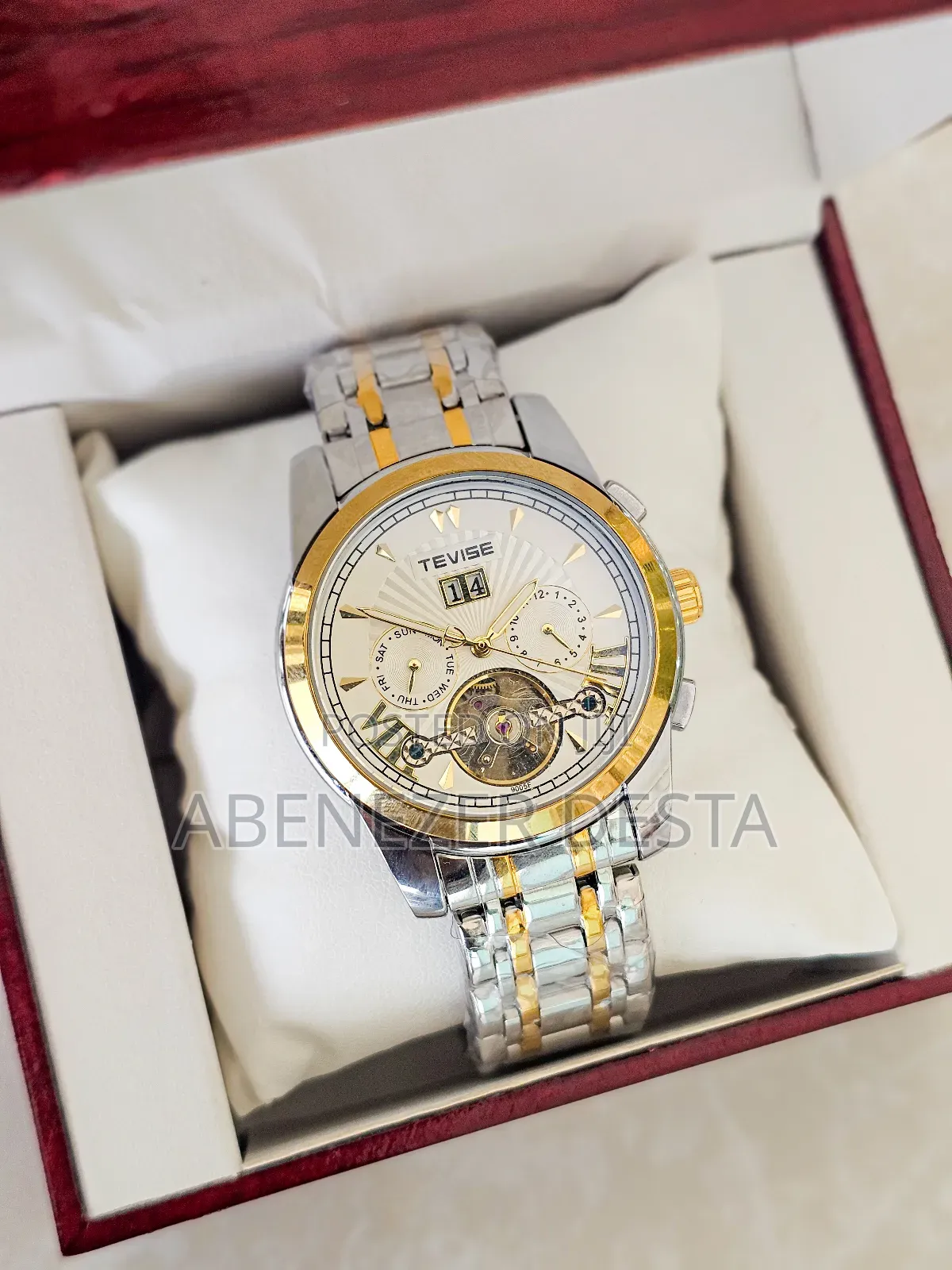 Tevise Automatic Mechanical Skeleton Luxury Watch in a Two-Tone Silver