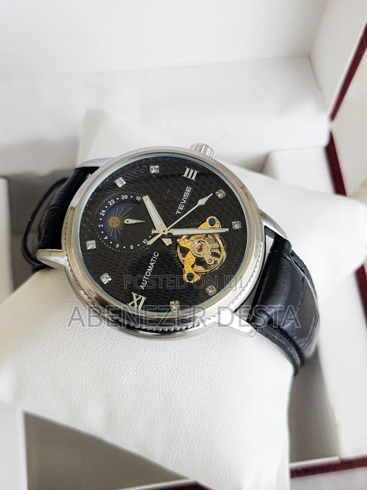 Black Tevise Automatic Mechanical Watch With a Black Leather Band