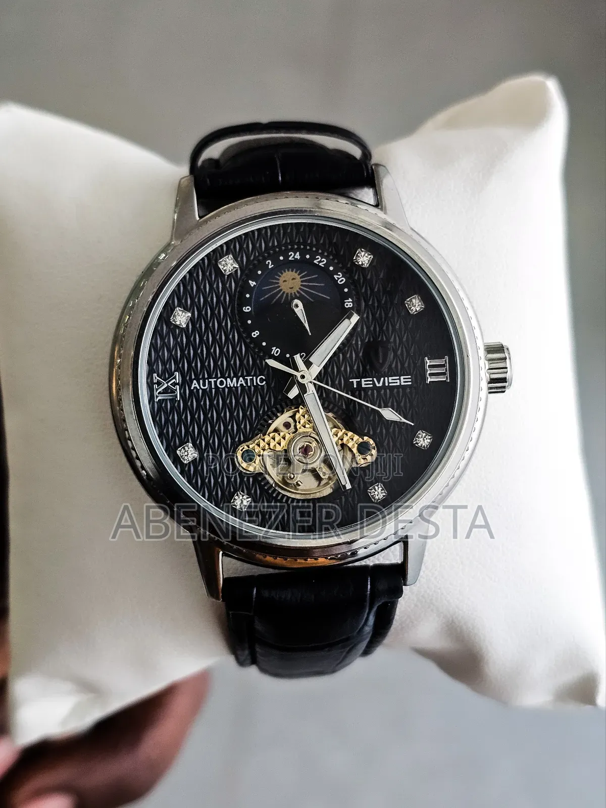 Black Tevise Automatic Mechanical Watch With a Black Leather Band