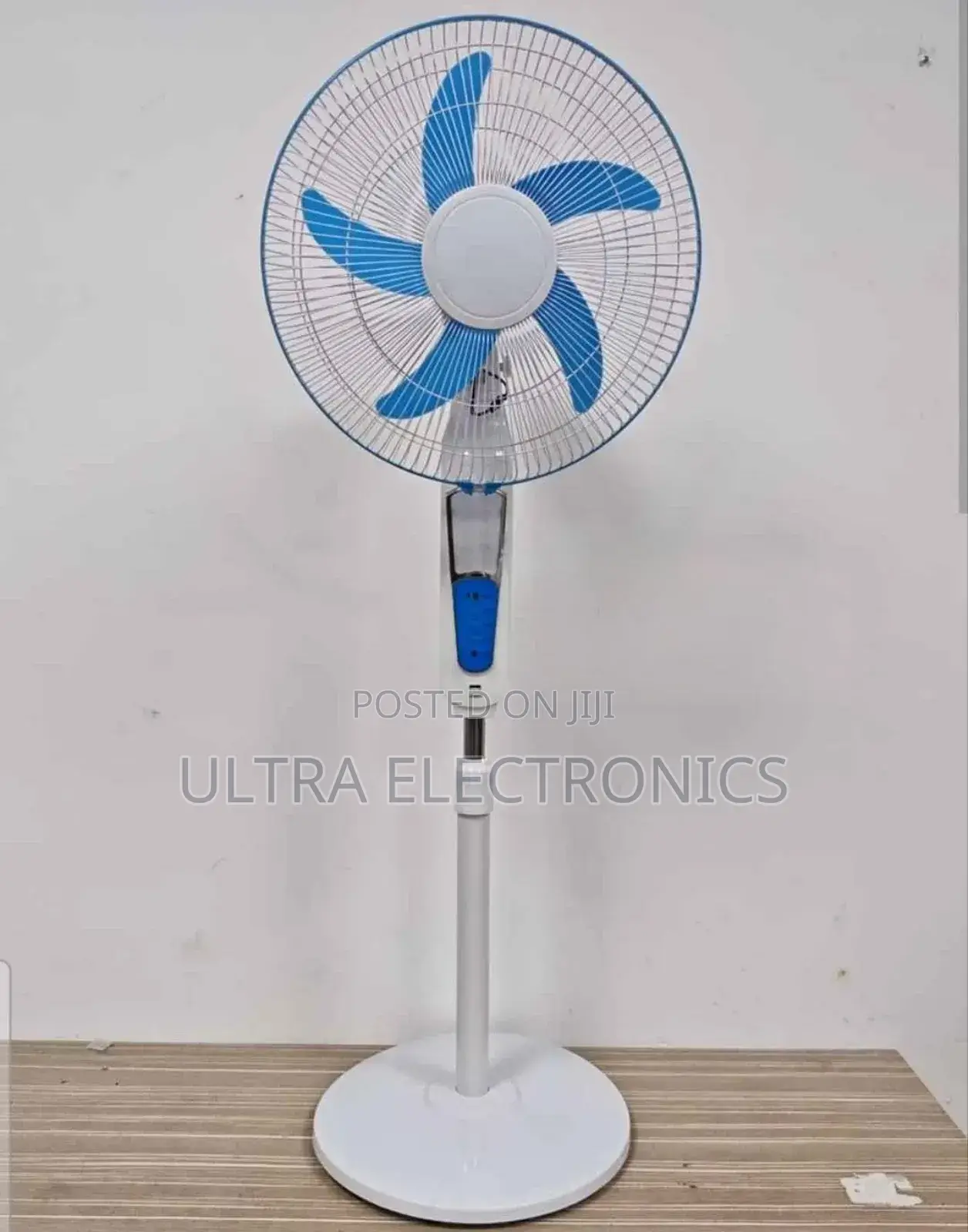 White and Blue 16-Inch Rechargeable Pedestal Stand Fan, Potentially