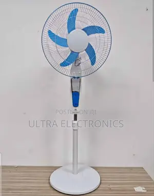 White and Blue 16-Inch Rechargeable Pedestal Stand Fan, Potentially