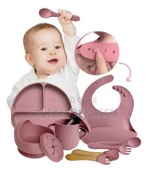 Silicone Baby Feeding Set of 6 መመገቢያ መጠጫ ከነእስትሮ አንገት ላ የሚደረግ ሹካና ማንኪያ