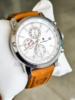 Luxury Wristwatch Features a Leather Band and a Stainless Steel Case