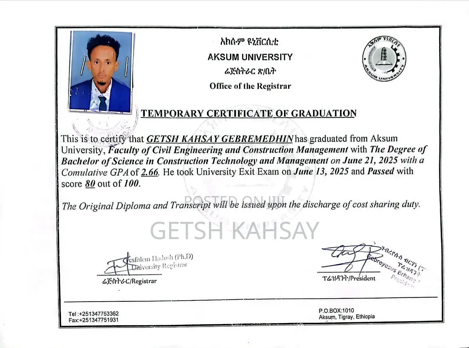 Full Name: Getsh Kahsay Gebremedhin • ​Address: Meri 40/60 Condominium
