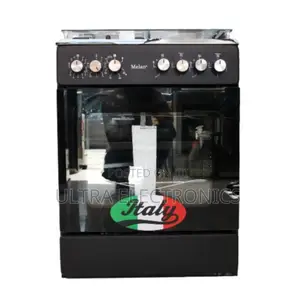 Melan Branded Freestanding Gas Cooker Featuring a Black Finish. 50/50