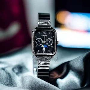 New Casio Men's Silver Watch - Black Dial Moon Phase