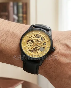 Black and Gold Tevise Automatic Watch, a Skeleton-Style Mechanical
