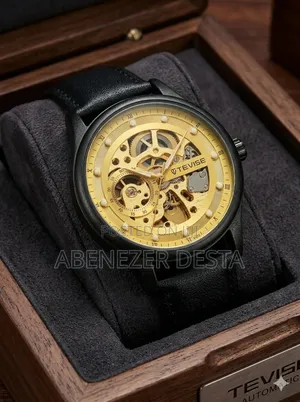 Black and Gold Tevise Automatic Watch, a Skeleton-Style Mechanical