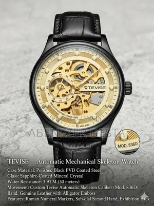 Black and Gold Tevise Automatic Watch, a Skeleton-Style Mechanical