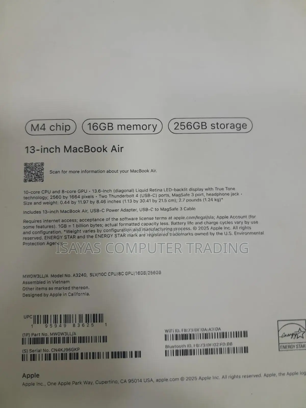 New Laptop Apple MacBook Air 2025 M4 13-inch 16GB Apple M4 SSD 256GB