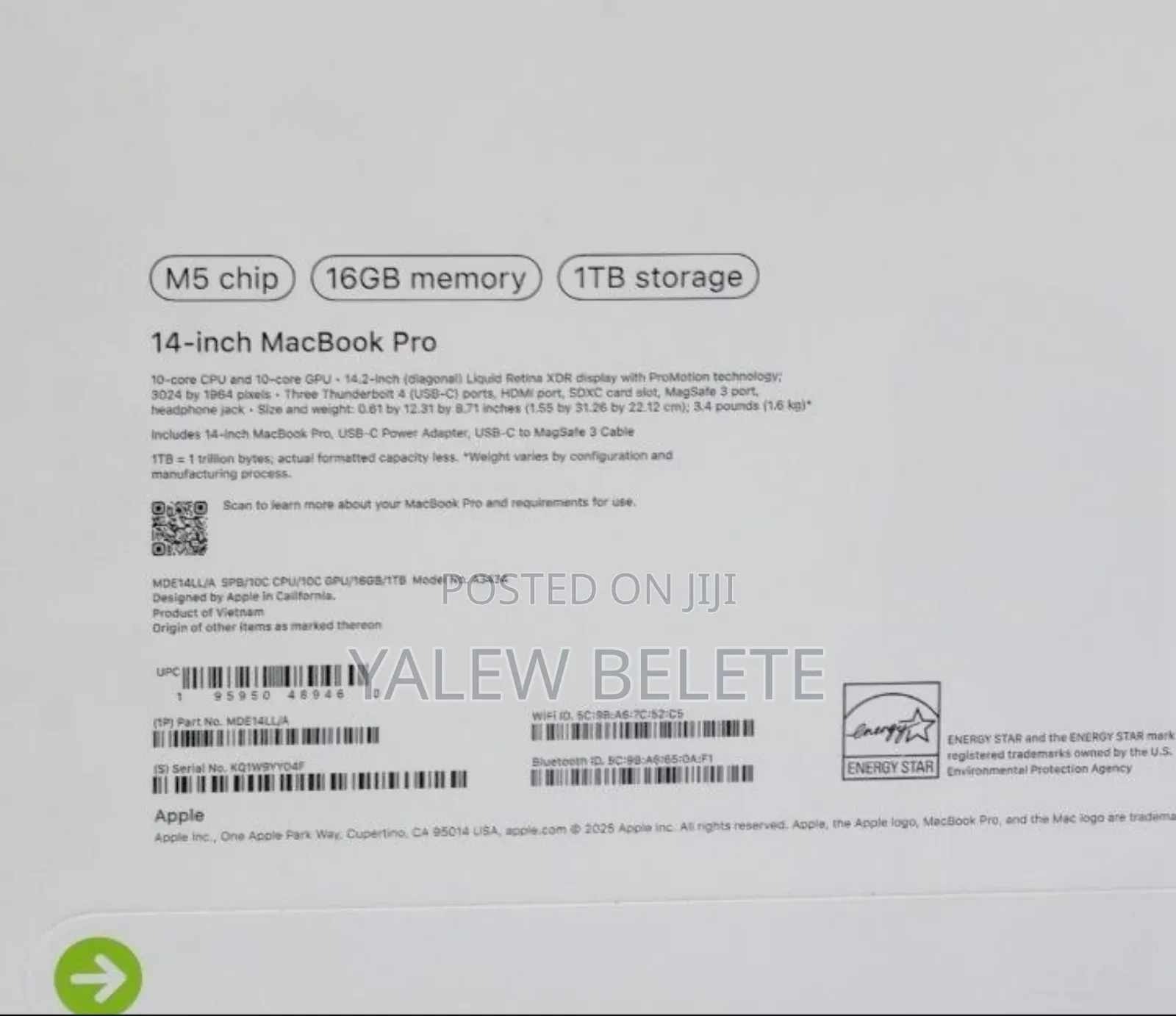 New Laptop Apple MacBook Pro 16GB Apple M5 SSD 1T