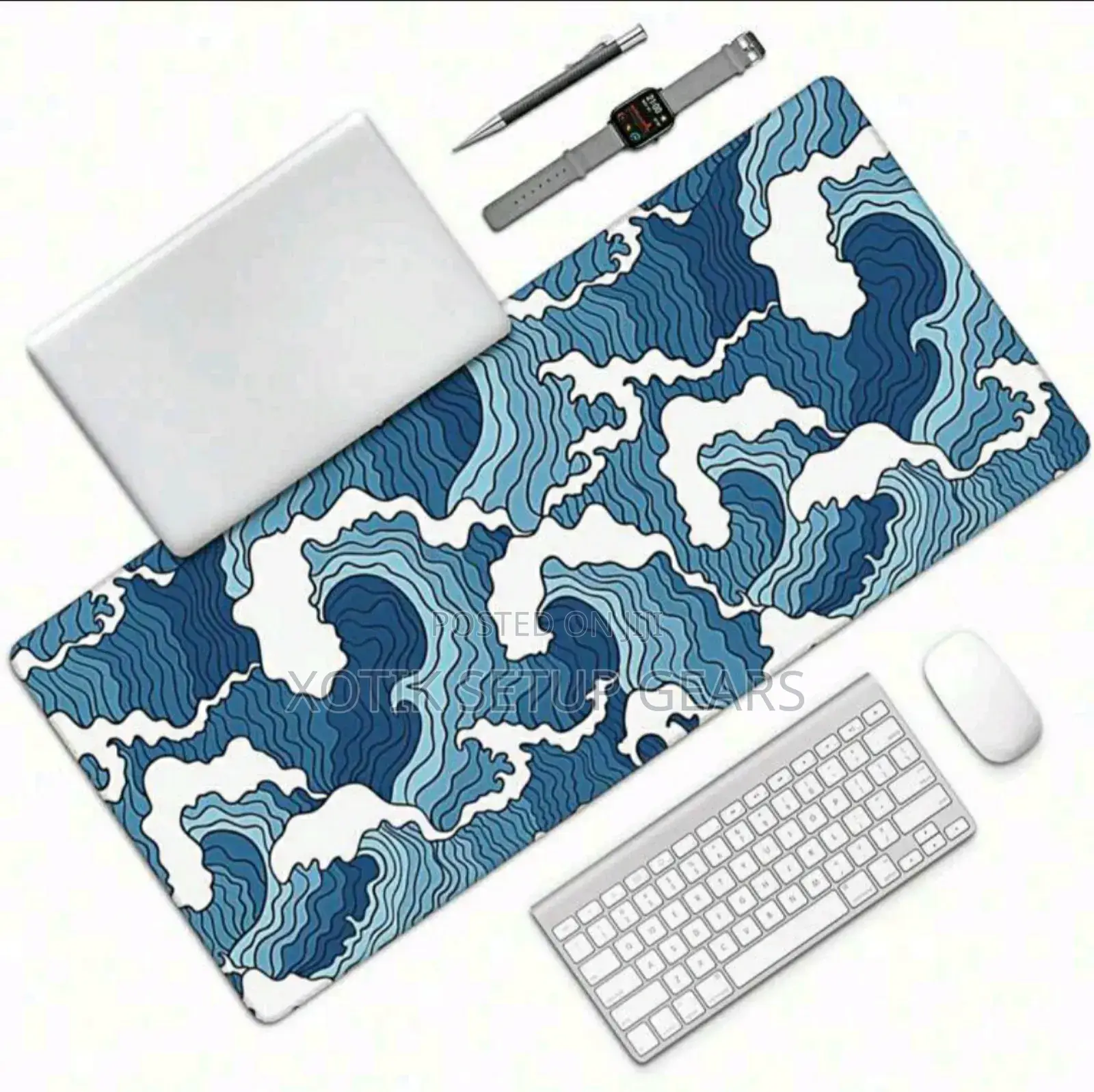 Blue Wave Themed Mouse Pad - 80x30x0.2cm Desk Mat