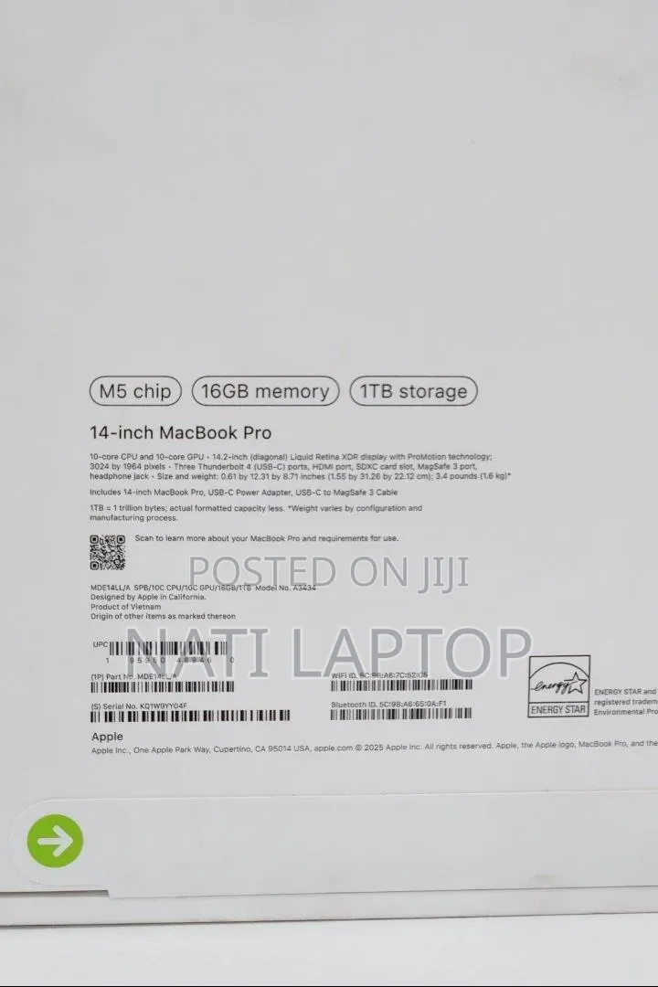 New Laptop Apple MacBook Pro 2025 M5 14-inch 16GB Apple M5 Pro SSD 1T