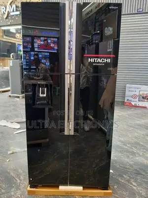 Hitachi 4-Door French Door Refrigerator Featuring a Sleek Black Glass