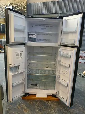 Hitachi 4-Door French Door Refrigerator Featuring a Sleek Black Glass