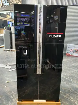 Hitachi 4-Door French Door Refrigerator Featuring a Sleek Black Glass