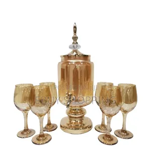 Sunlit Sips: Large Amber Beverage Dispenser 6 Wine Glasses