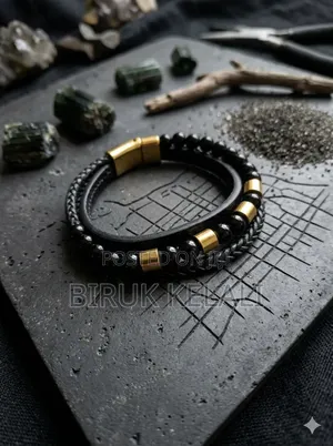 Men's Layered Bracelet Featuring Braided Leather, Black Stone Beads