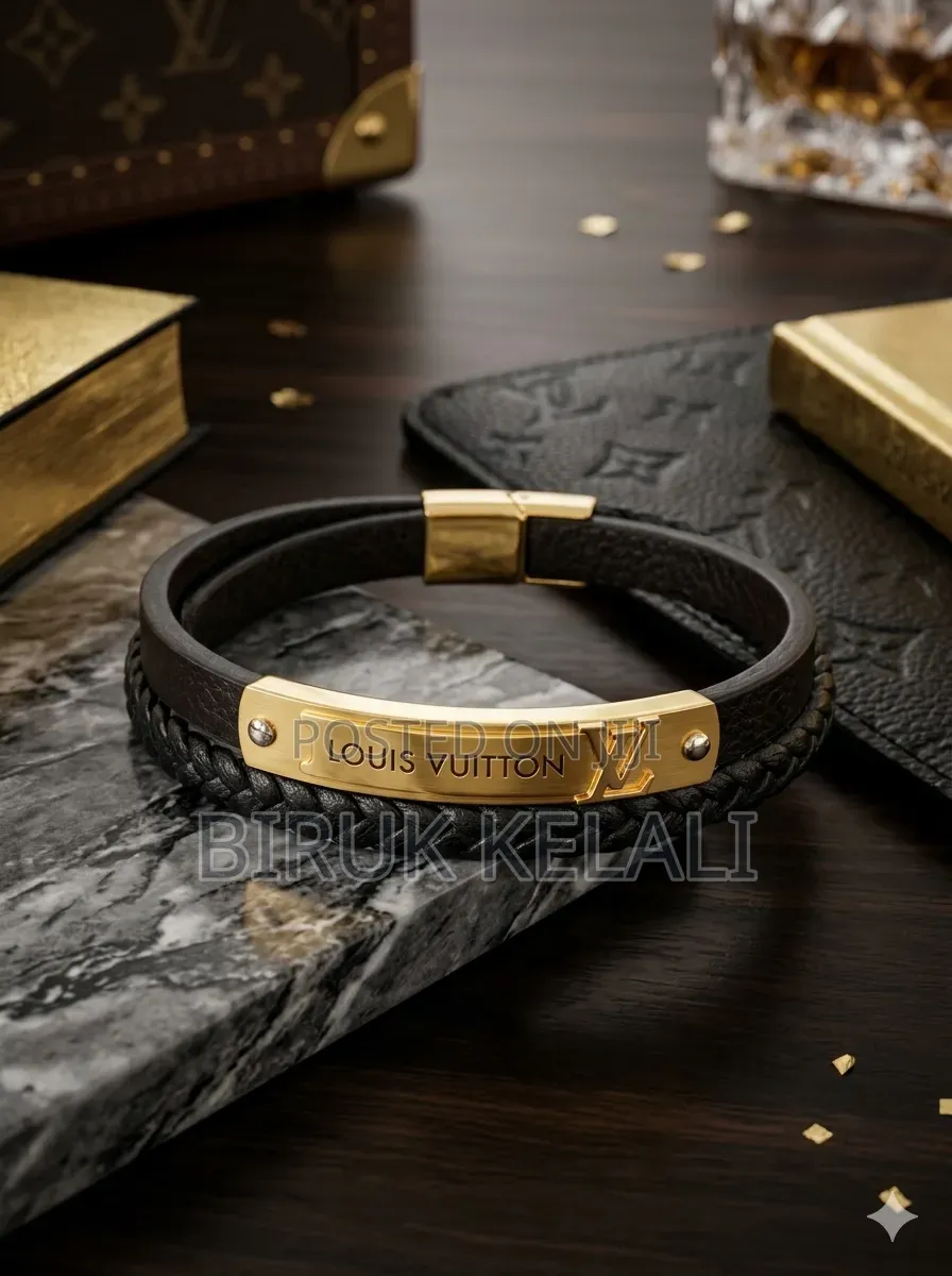 Men's Layered Bracelet Featuring Braided Leather, Black Stone Beads