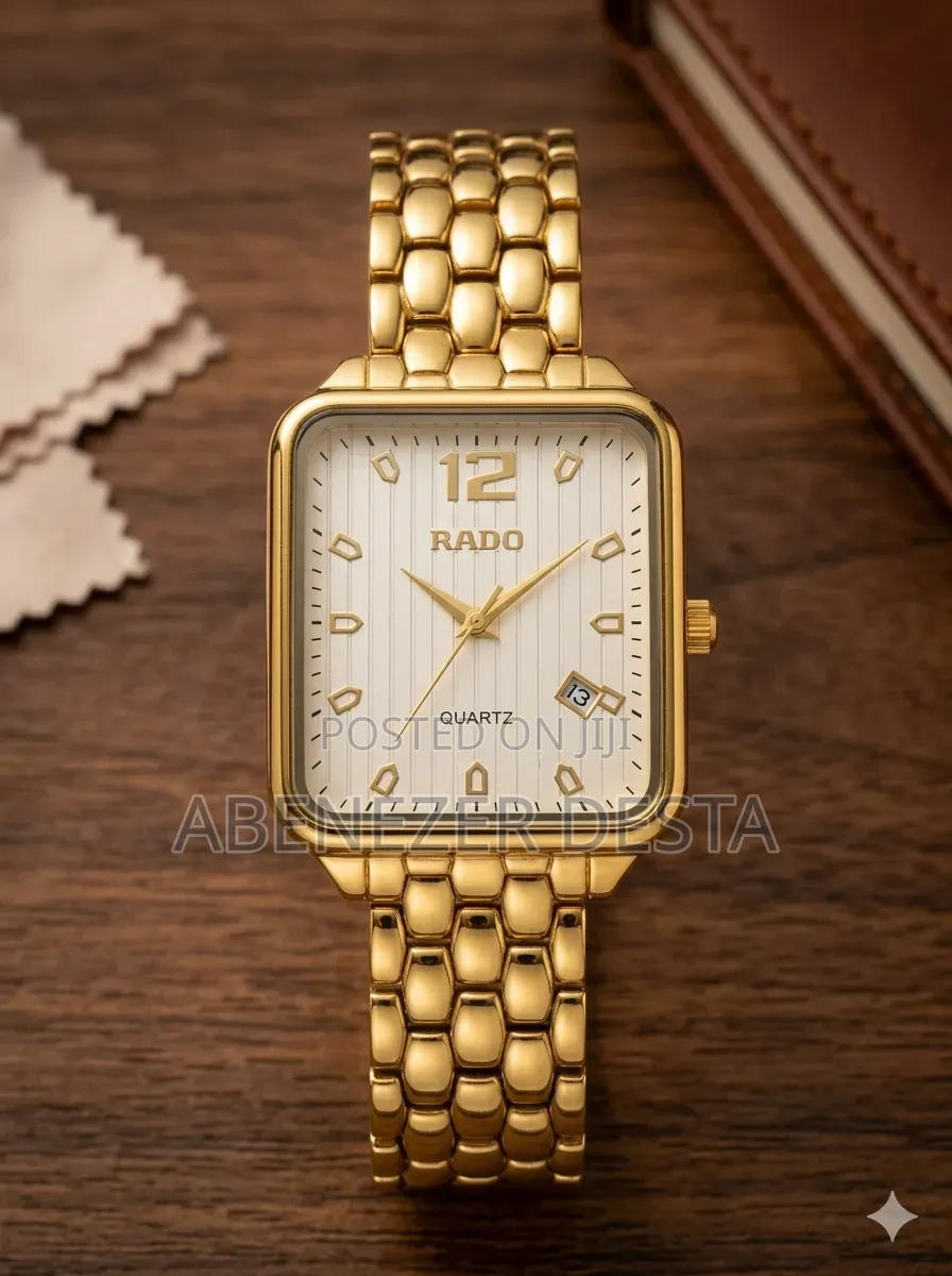 Gold-Tone Rado Quartz Watch Featuring a Rectangular Face