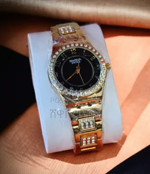 Gold Women's Watch - Black Dial Crystals