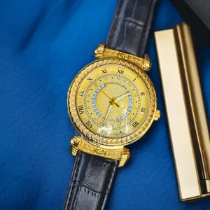 Luxury Gold Patek Philippe Men Watch Black Leather Strap
