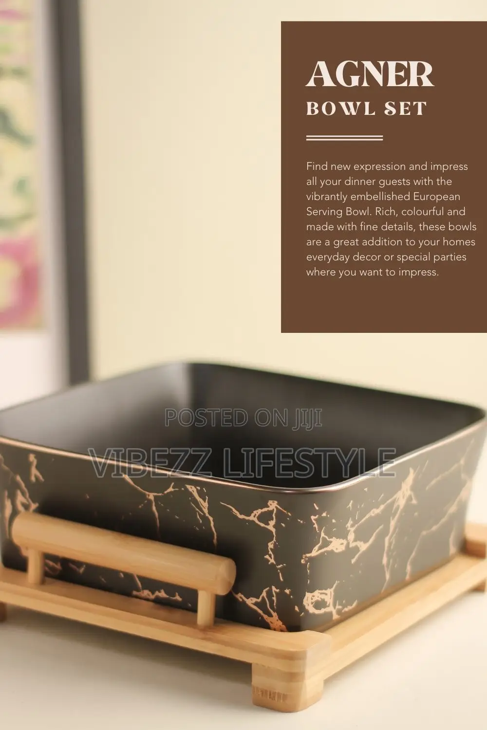 Luxury Black Gold Marble Ceramic Salad Bowl With Bamboo Stand