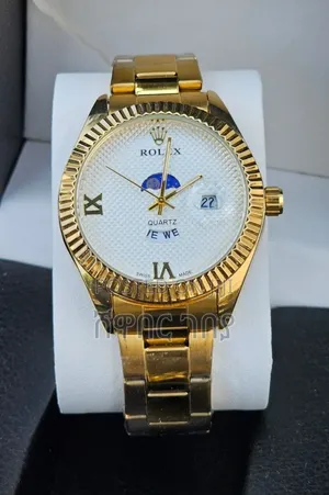 Luxury Gold Rolex Quartz Watch - White Moon Phase Dial